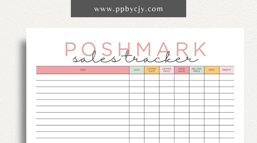 Poshmark Sales Tracker Printable Template – Digital download for monitoring and managing your Poshmark sales, inventory, and profits