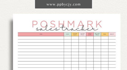 Poshmark Sales Tracker Printable Template – Digital download for monitoring and managing your Poshmark sales, inventory, and profits