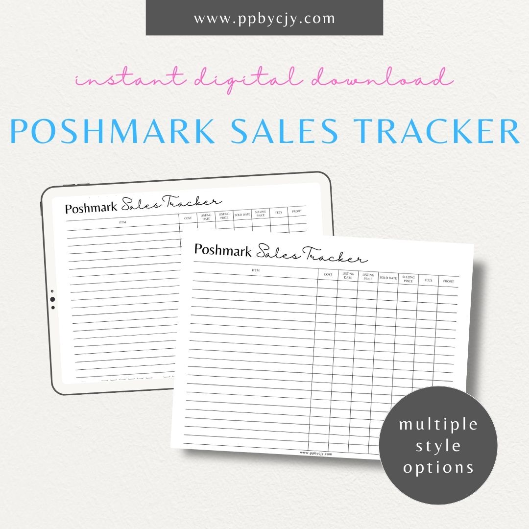 Poshmark Sales Tracker Printable Template – Digital download for monitoring and managing your Poshmark sales, inventory, and profits