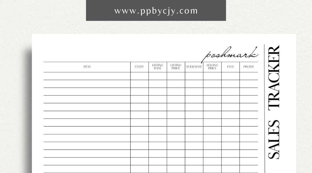 Poshmark Sales Tracker Printable Template – Digital download for monitoring and managing your Poshmark sales, inventory, and profits