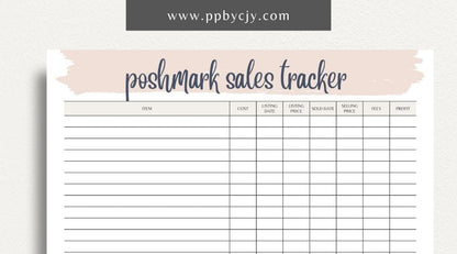 Poshmark Sales Tracker Printable Template – Digital download for monitoring and managing your Poshmark sales, inventory, and profits