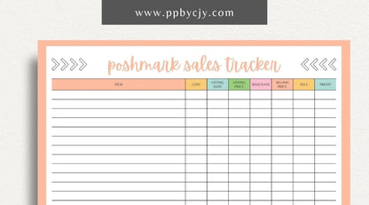 Poshmark Sales Tracker Printable Template – Digital download for monitoring and managing your Poshmark sales, inventory, and profits