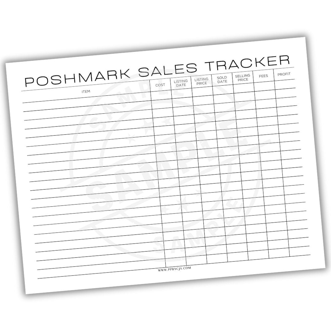 Poshmark sales tracker sheet with columns for item details on a white background