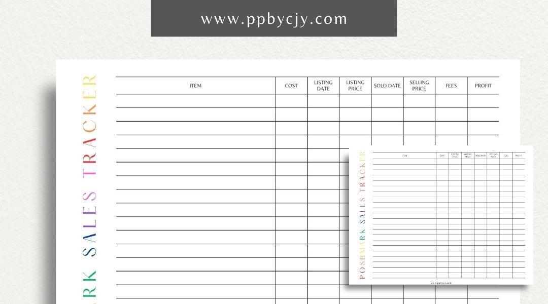 Poshmark Sales Tracker Printable Template – Digital download for monitoring and managing your Poshmark sales, inventory, and profits