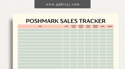 Poshmark Sales Tracker Printable Template – Digital download for monitoring and managing your Poshmark sales, inventory, and profits