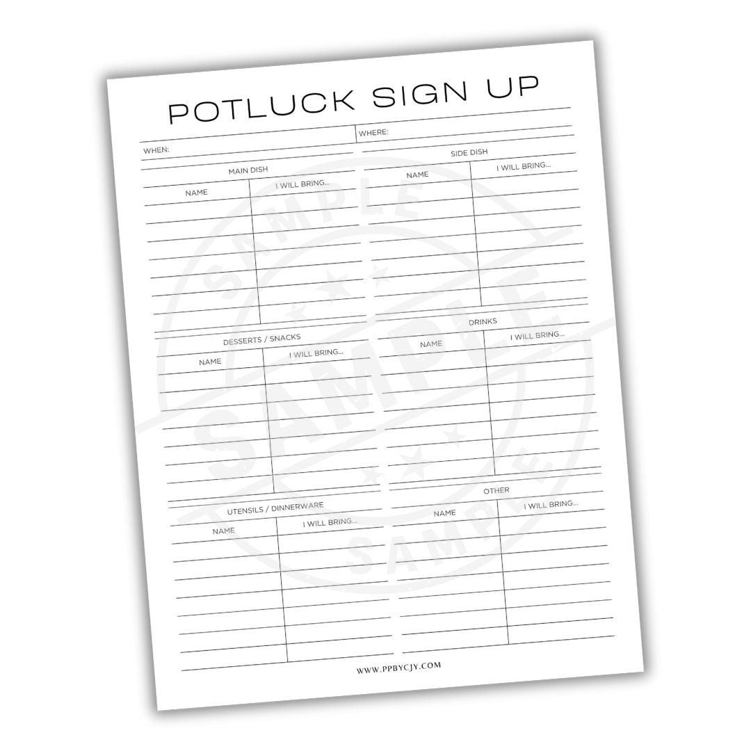 Potluck sign-up sheet on a white background