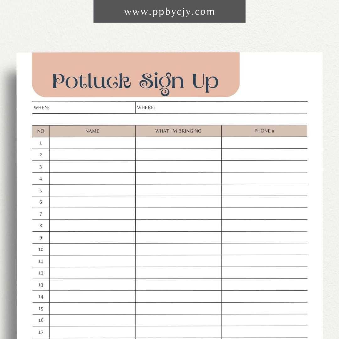 Potluck Sign Up Sheet Printable Template – Digital download for organizing and coordinating contributions for a potluck event