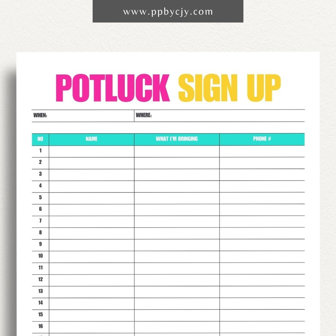 Potluck Sign Up Sheet Printable Template – Digital download for organizing and coordinating contributions for a potluck event