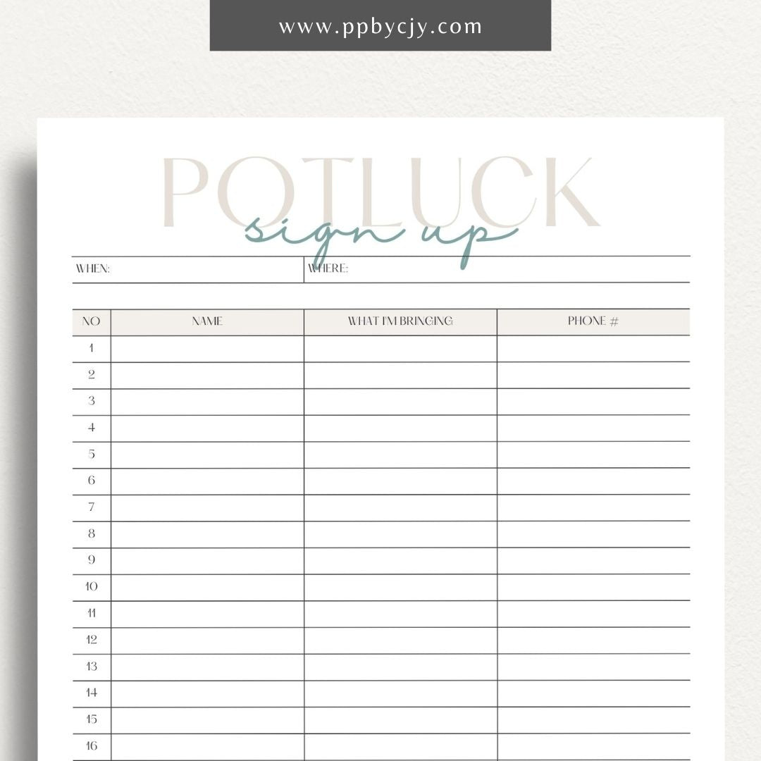 Potluck Sign Up Sheet Printable Template – Digital download for organizing and coordinating contributions for a potluck event