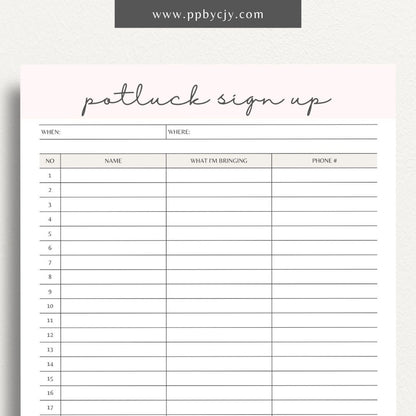 Potluck Sign Up Sheet Printable Template – Digital download for organizing and coordinating contributions for a potluck event