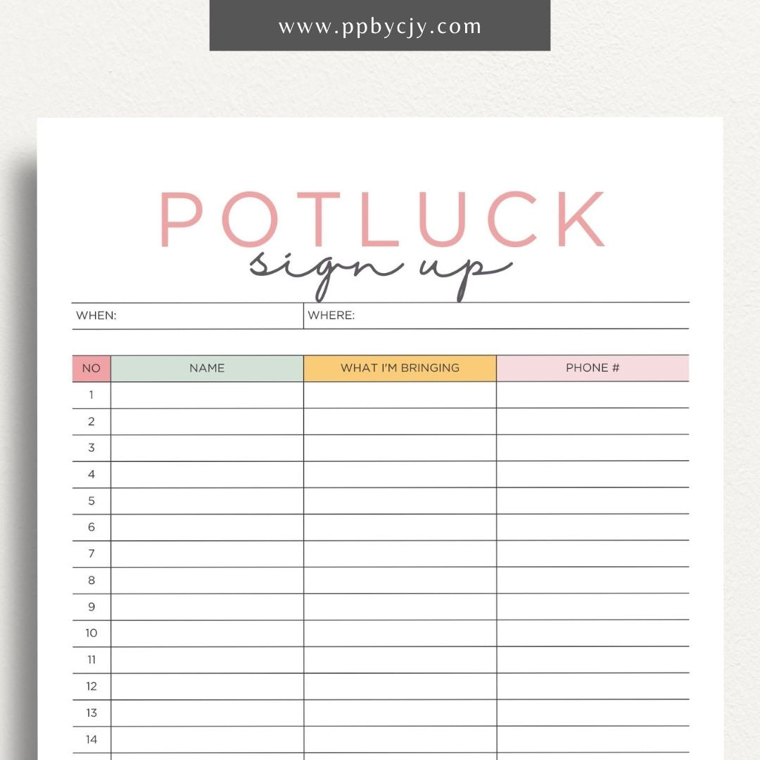 Potluck Sign Up Sheet Printable Template – Digital download for organizing and coordinating contributions for a potluck event