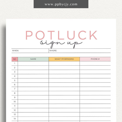 Potluck Sign Up Sheet Printable Template – Digital download for organizing and coordinating contributions for a potluck event