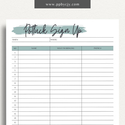 Potluck Sign Up Sheet Printable Template – Digital download for organizing and coordinating contributions for a potluck event