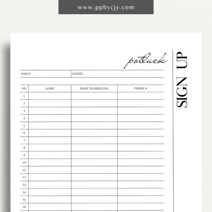 Potluck Sign Up Sheet Printable Template – Digital download for organizing and coordinating contributions for a potluck event