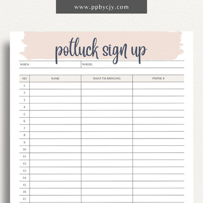 Potluck Sign Up Sheet Printable Template – Digital download for organizing and coordinating contributions for a potluck event