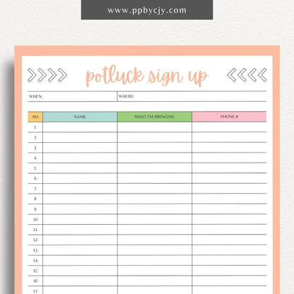 Potluck Sign Up Sheet Printable Template – Digital download for organizing and coordinating contributions for a potluck event