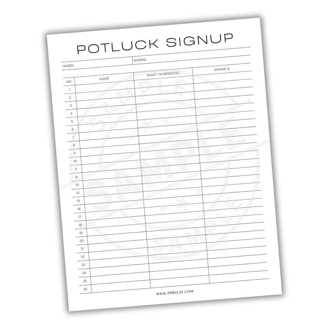 Potluck signup sheet on a white background