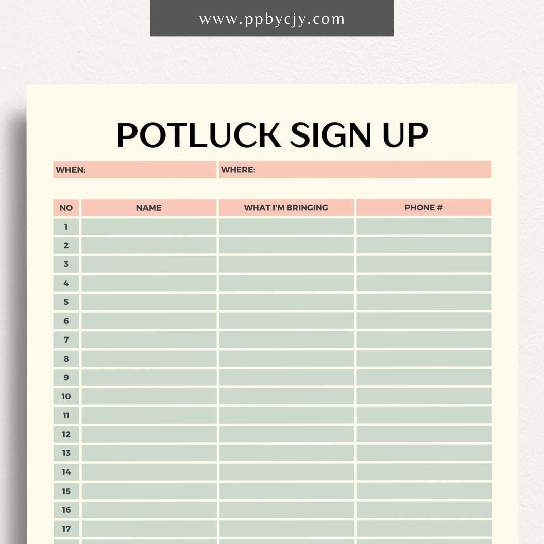 Potluck Sign Up Sheet Printable Template – Digital download for organizing and coordinating contributions for a potluck event