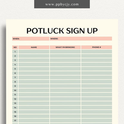 Potluck Sign Up Sheet Printable Template – Digital download for organizing and coordinating contributions for a potluck event