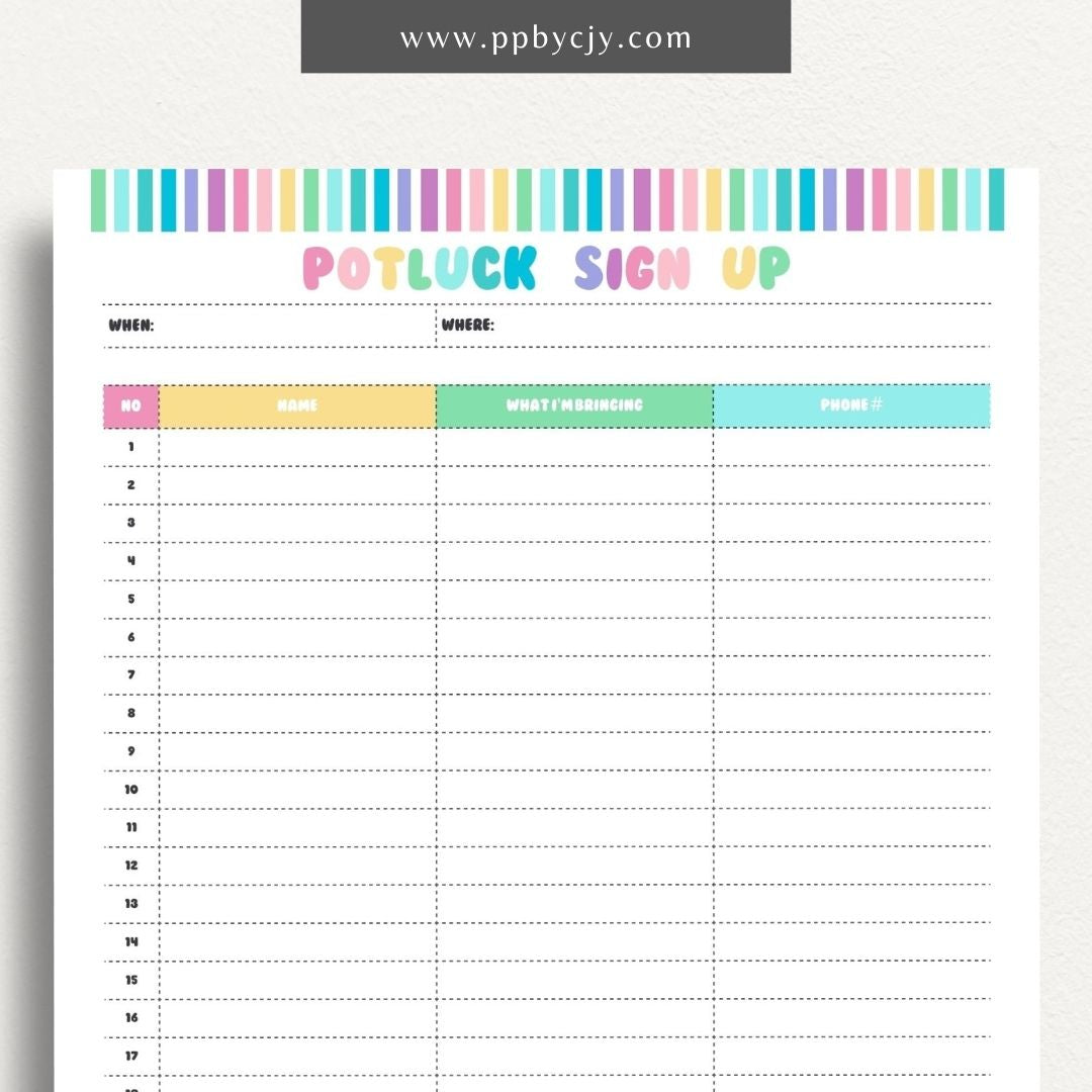 Potluck Sign Up Sheet Printable Template – Digital download for organizing and coordinating contributions for a potluck event