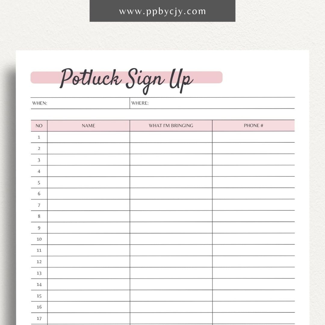 Potluck Volunteer Sign Up Printable PDF Template