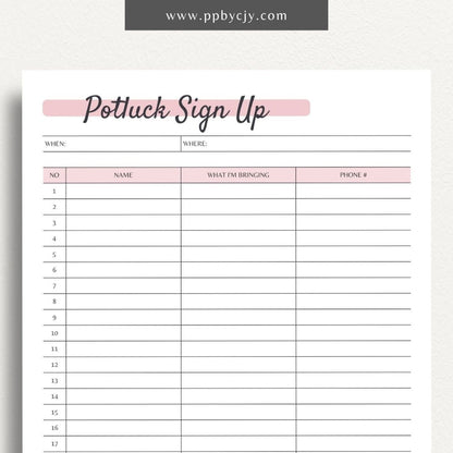 Potluck Volunteer Sign Up Printable PDF Template