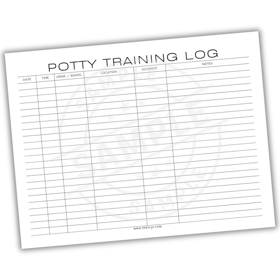 Potty training log sheet with columns for date, time, location, and notes on a white background.