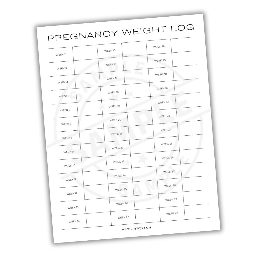 Pregnancy weight log sheet with columns for each week of pregnancy.
