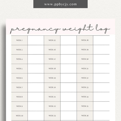 printable template page with columns and rows related to pregnancy weight tracking