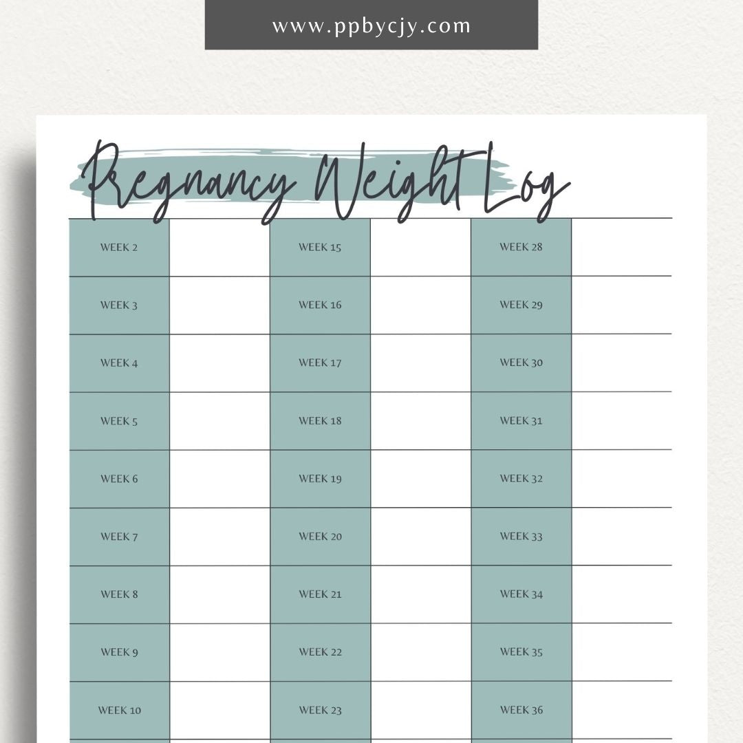 printable template page with columns and rows related to pregnancy weight tracking