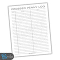 Pressed Penny Log sheet with columns for date, location, and design on a white background.