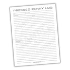Pressed Penny Log sheet with columns for date, description, location, and remark on a white background.