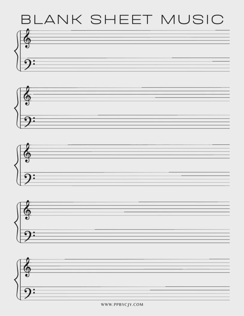 Sheet Music Printable PDF Template Bundle with kids' music sheets, guitar tabs, piano notation, 4-string, bass clef, treble clef, and alto clef templates.

