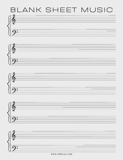 Sheet Music Printable PDF Template Bundle with kids' music sheets, guitar tabs, piano notation, 4-string, bass clef, treble clef, and alto clef templates.

