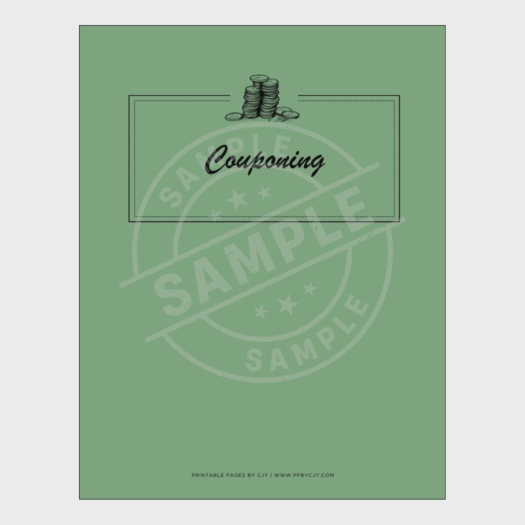 video for Collection of couponing planner sheets with a green cover on a white background