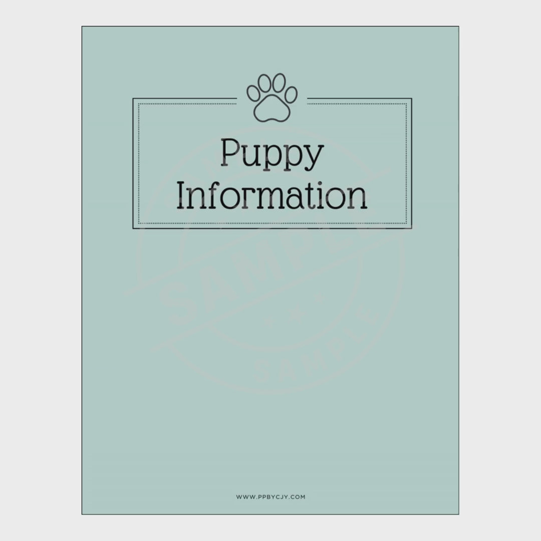 video of Light blue planner with 'Puppy Information' text and a paw print icon on a white background.