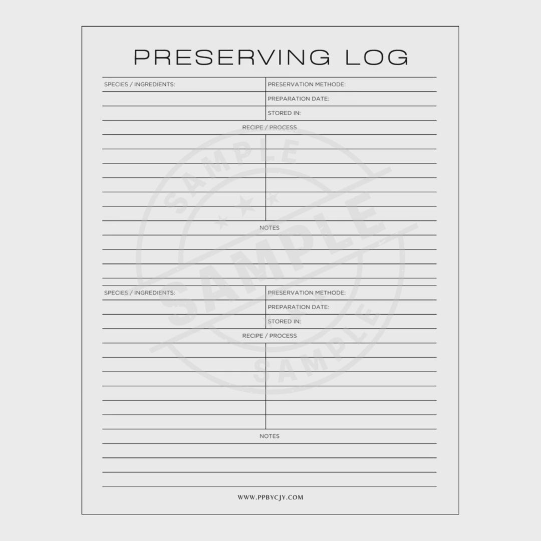 video of Preserving log sheet with columns for species, preservation method, etc., on a white background.