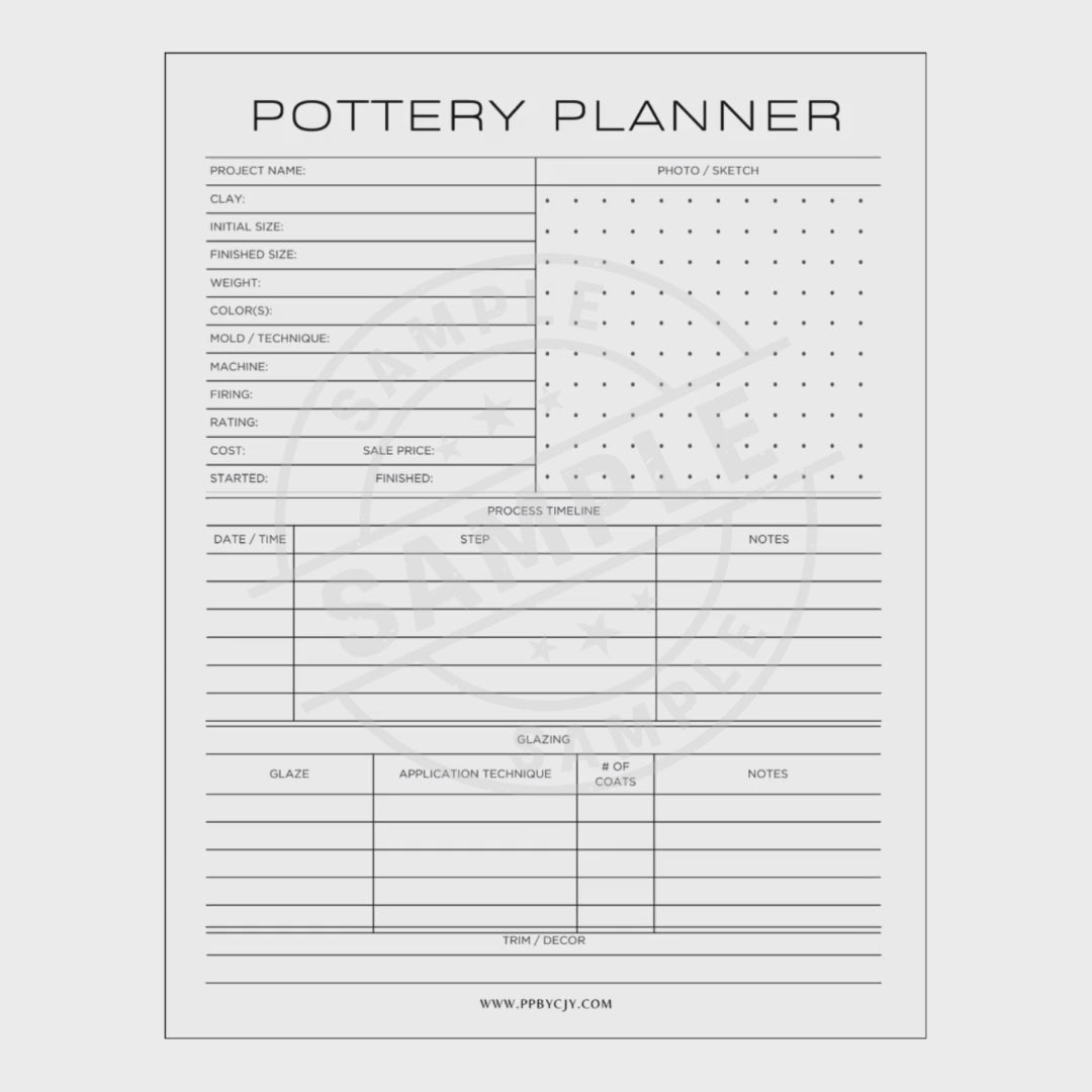 video of Pottery planner sheet with various columns for project details on a white background.