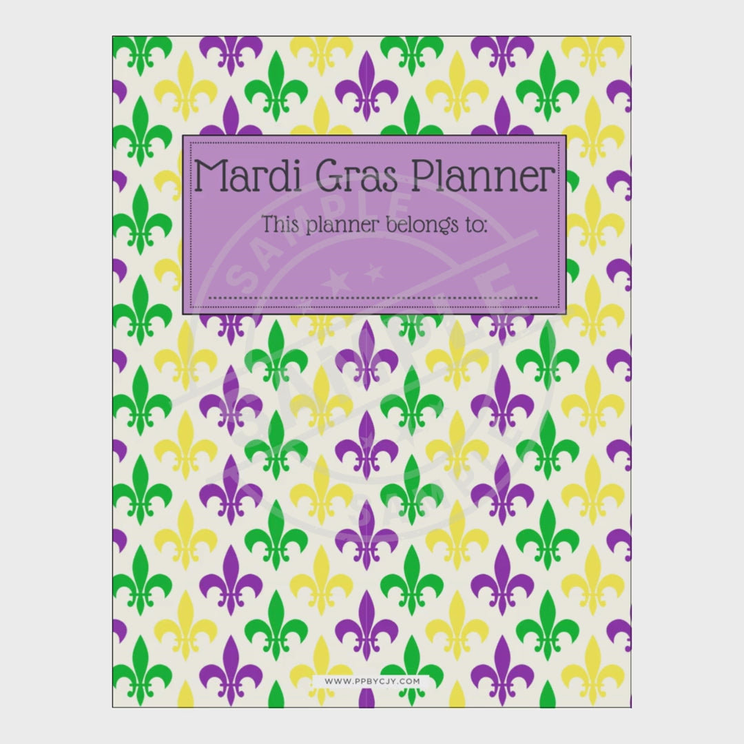 Mardi Gras planner with colorful fleur-de-lis pattern and purple label on a white background