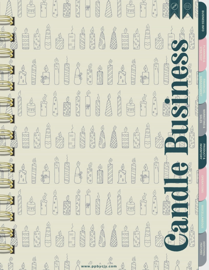 Candle Business Digital Planner with 85+ hyperlinked pages, featuring inventory trackers, sales logs, and recipe sheets