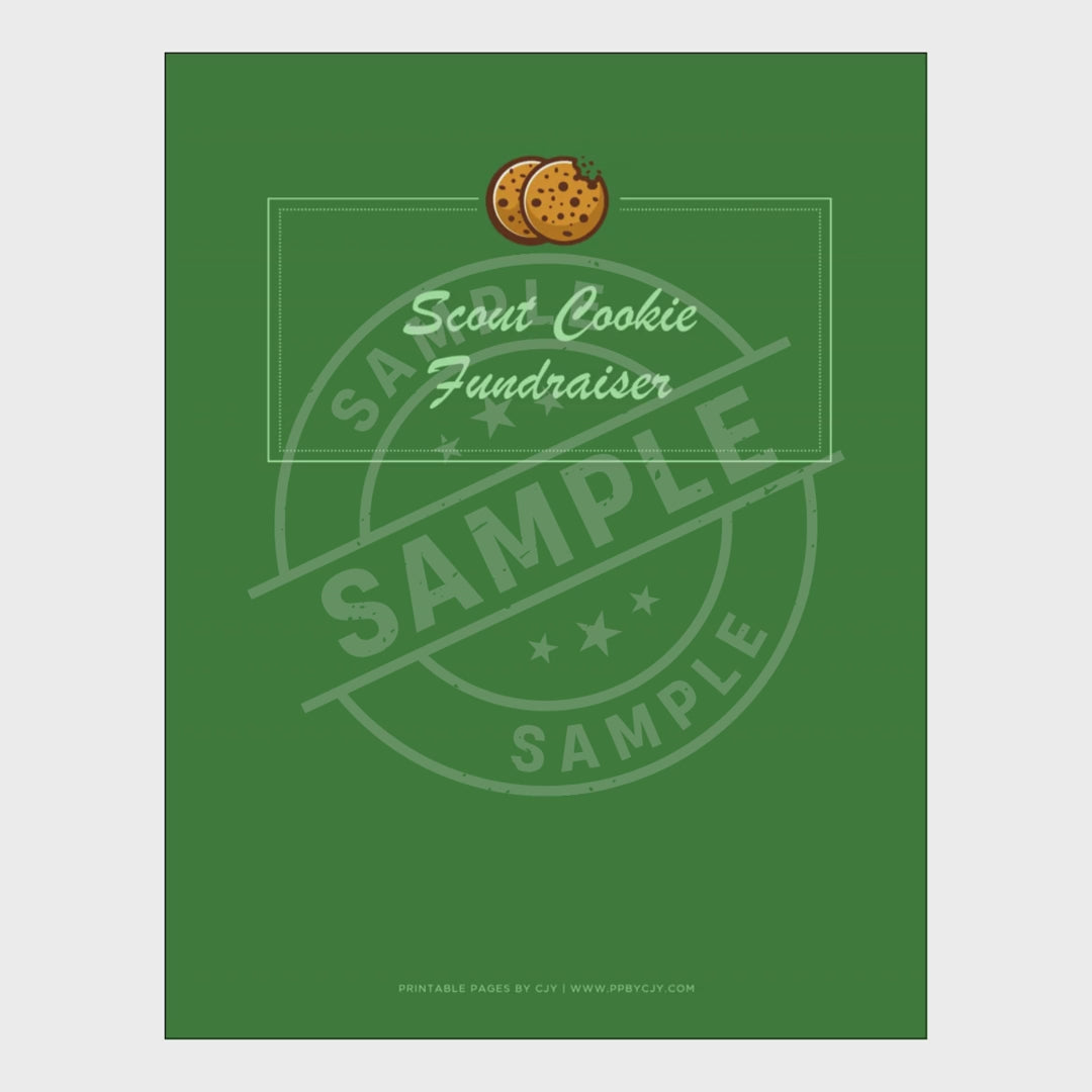 video for Green Girl Scout cookie fundraising planner with various pages on a white background