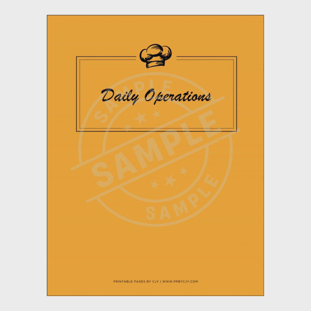 video for Collection of restaurant daily operation checklists with an orange cover on a white background.