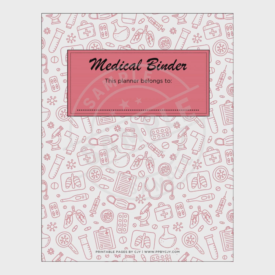 video for Medical binder with various sheets including a cover page on a white background