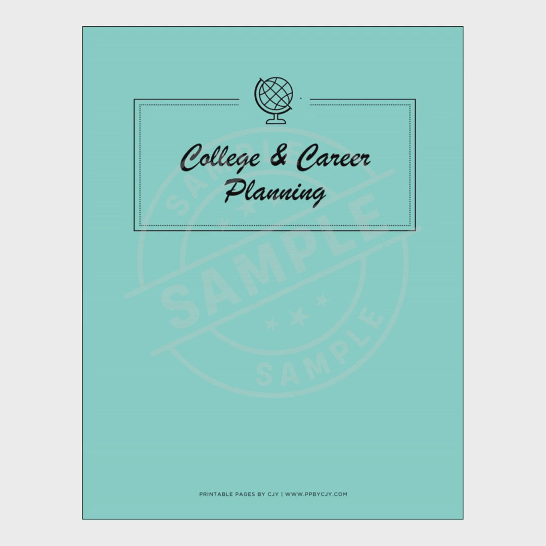 video for Collection of college and career planning worksheets with a blue notebook labeled 'College & Career Planning'.