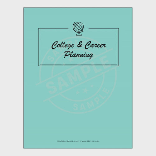 video for Collection of college and career planning worksheets with a blue notebook labeled 'College & Career Planning'.