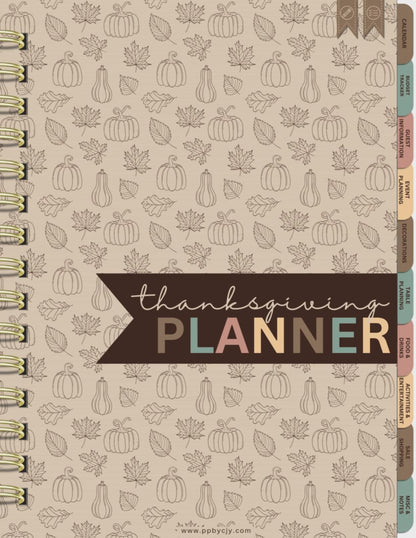 Thanksgiving Digital Planner with 80 hyperlinked pages, including meal planners, shopping lists, recipes, guest trackers, and decoration ideas