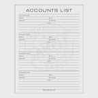video for Accounts list template with columns for scholarship name, website, email, username, password, and notes on a white background.