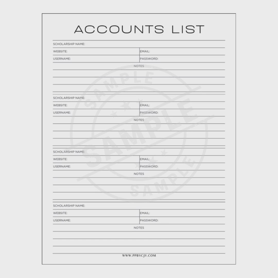 video for Accounts list template with columns for scholarship name, website, email, username, password, and notes on a white background.