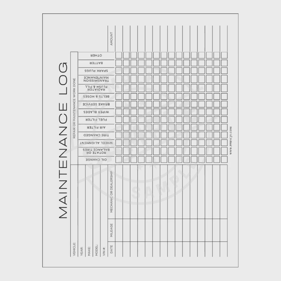 Maintenance log sheet with columns for vehicle details and repair information on a white background.