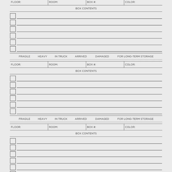 Moving Box Inventory Printable PDF Template Bundle with box inventories, moving expense tracker, address change list, and utility tracker.

